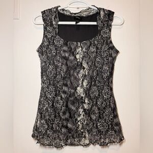 Donna Black and Gray Patterned Sleeveless Lace Blouse size M